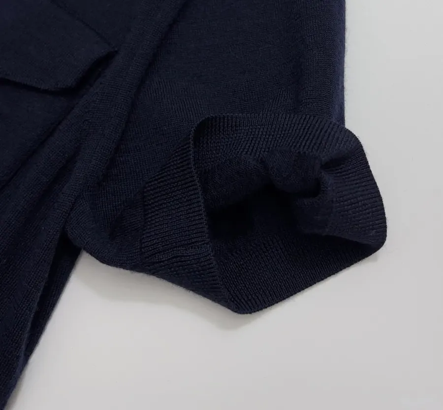Short-Sleeve Knitted Cardigan, Double Pocket Single-Breasted Thin Wool Knit Top in Navy, product view 05