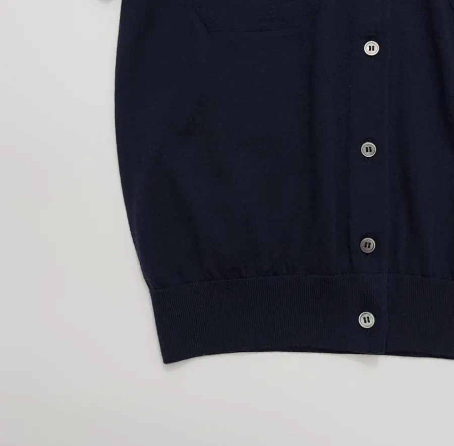 Short-Sleeve Knitted Cardigan, Double Pocket Single-Breasted Thin Wool Knit Top in Navy, product view 06