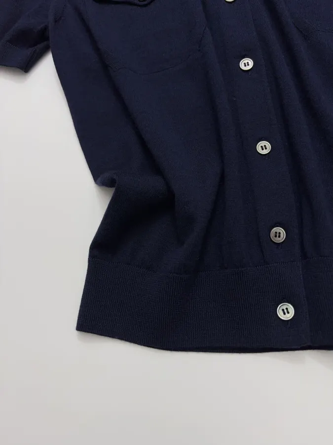Short-Sleeve Knitted Cardigan, Double Pocket Single-Breasted Thin Wool Knit Top in Navy, product view 07