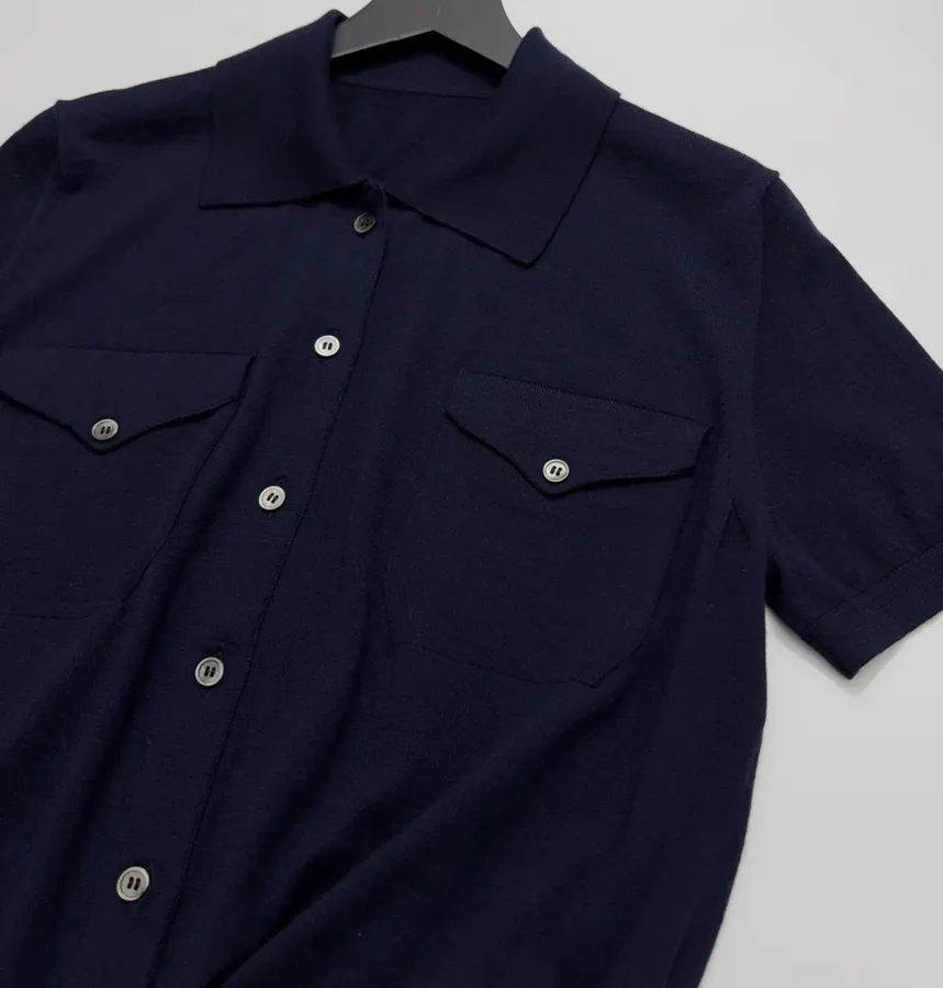 Short-Sleeve Knitted Cardigan, Double Pocket Single-Breasted Thin Wool Knit Top in Navy, product view 10