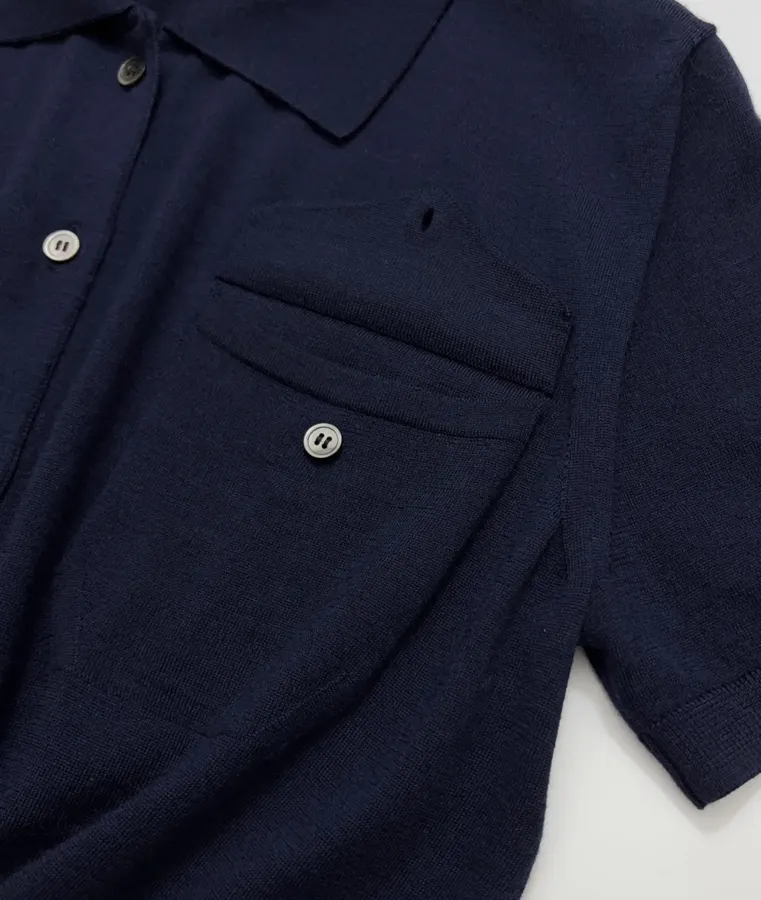 Short-Sleeve Knitted Cardigan, Double Pocket Single-Breasted Thin Wool Knit Top in Navy, product view 11