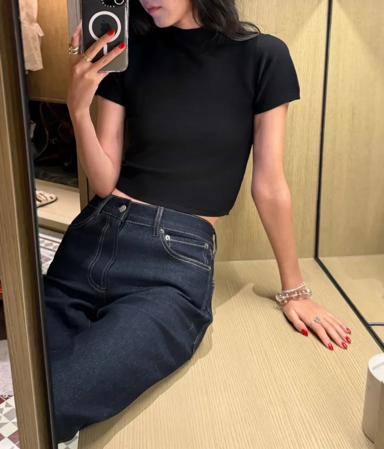 Black Mock-Neck Short-Sleeve Knit Top in Black, product view 03