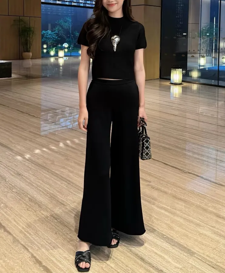 Black Mock-Neck Short-Sleeve Knit Top in Black, product view 23