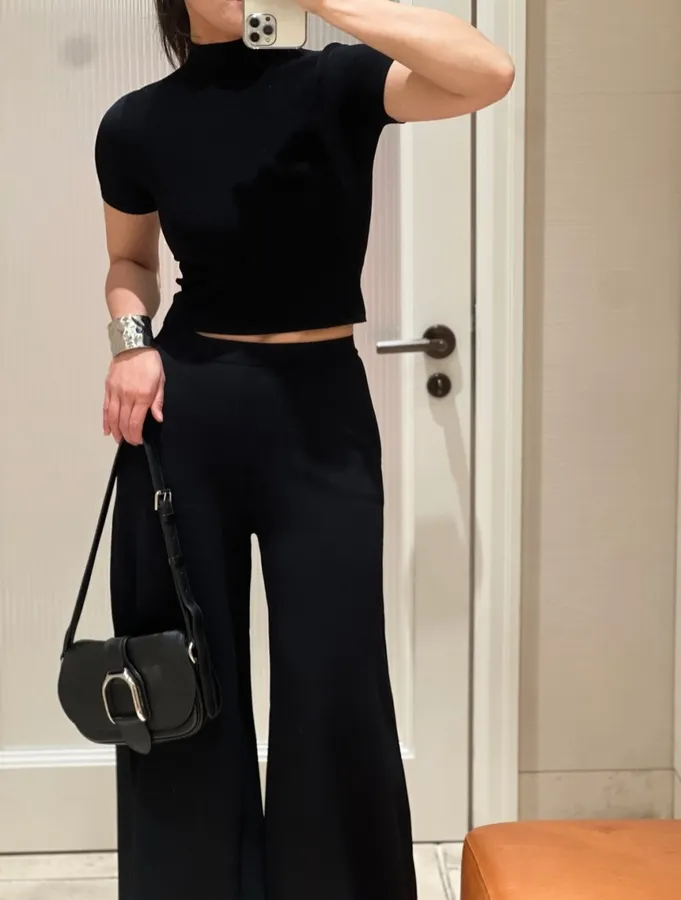 Black Mock-Neck Short-Sleeve Knit Top in Black, product view 25