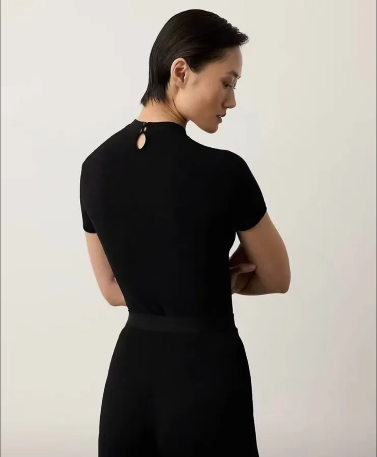 Black Mock-Neck Short-Sleeve Knit Top in Black, product view 26