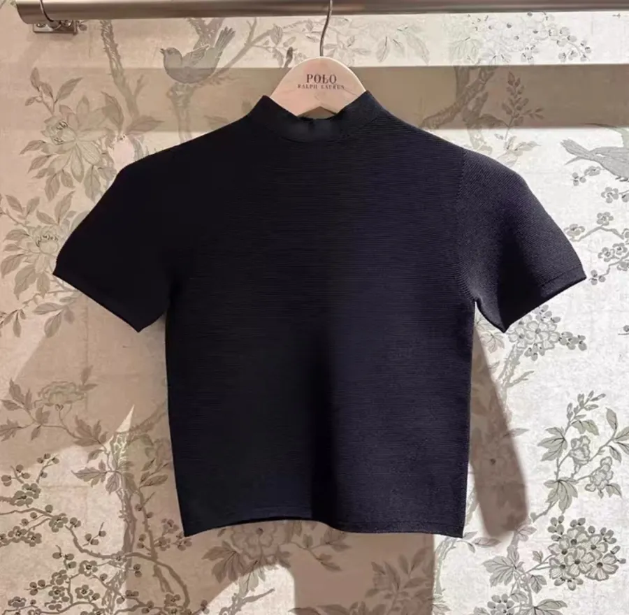 Black Mock-Neck Short-Sleeve Knit Top in Black, product view 27
