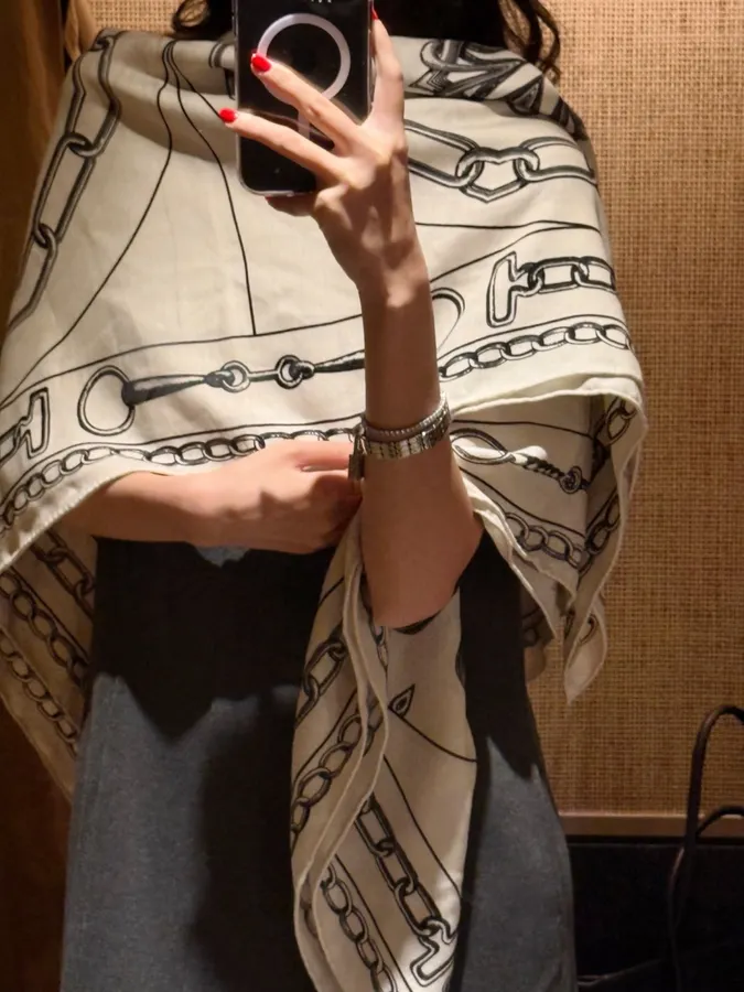 Ivory and Black Line-Print Large Square Scarf in Black and White, product view