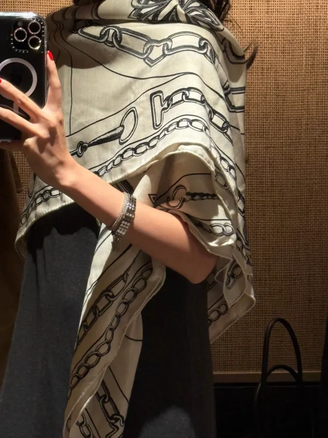 Ivory and Black Line-Print Large Square Scarf in Black and White, product view 02