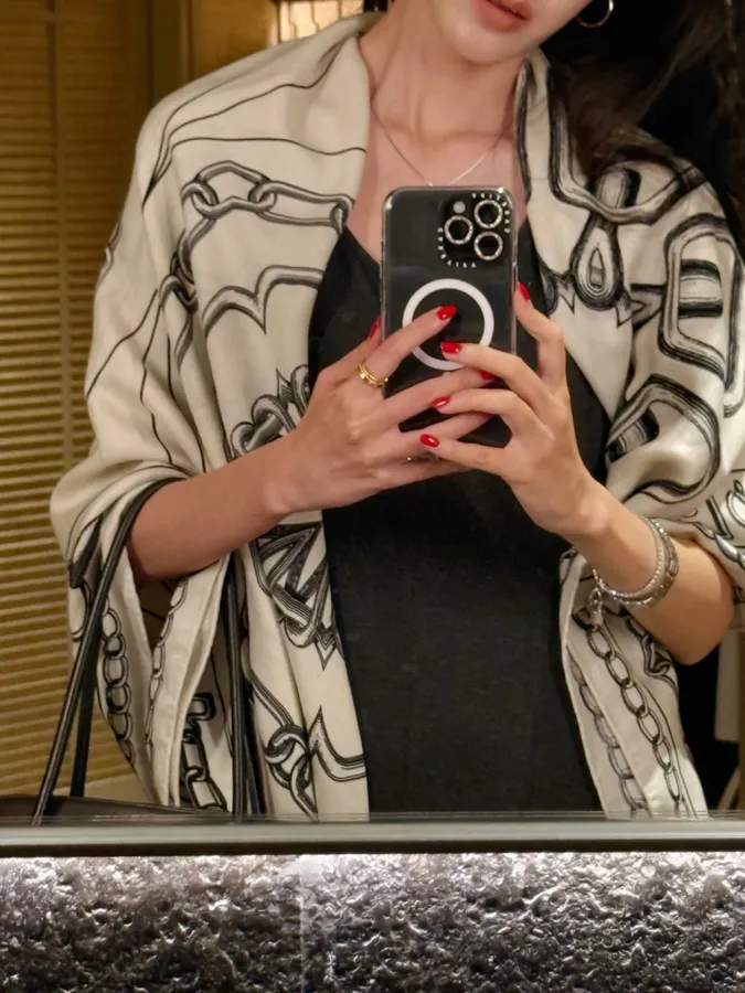 Ivory and Black Line-Print Large Square Scarf in Black and White, product view 03