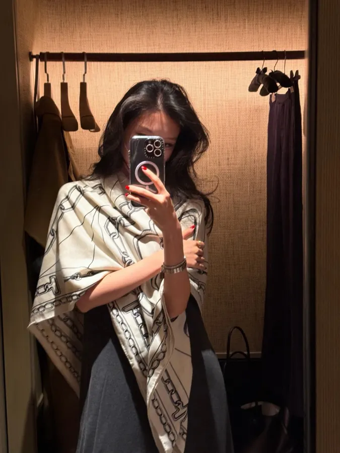 Ivory and Black Line-Print Large Square Scarf in Black and White, product view 05