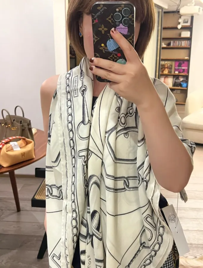 Ivory and Black Line-Print Large Square Scarf in Black and White, product view 06