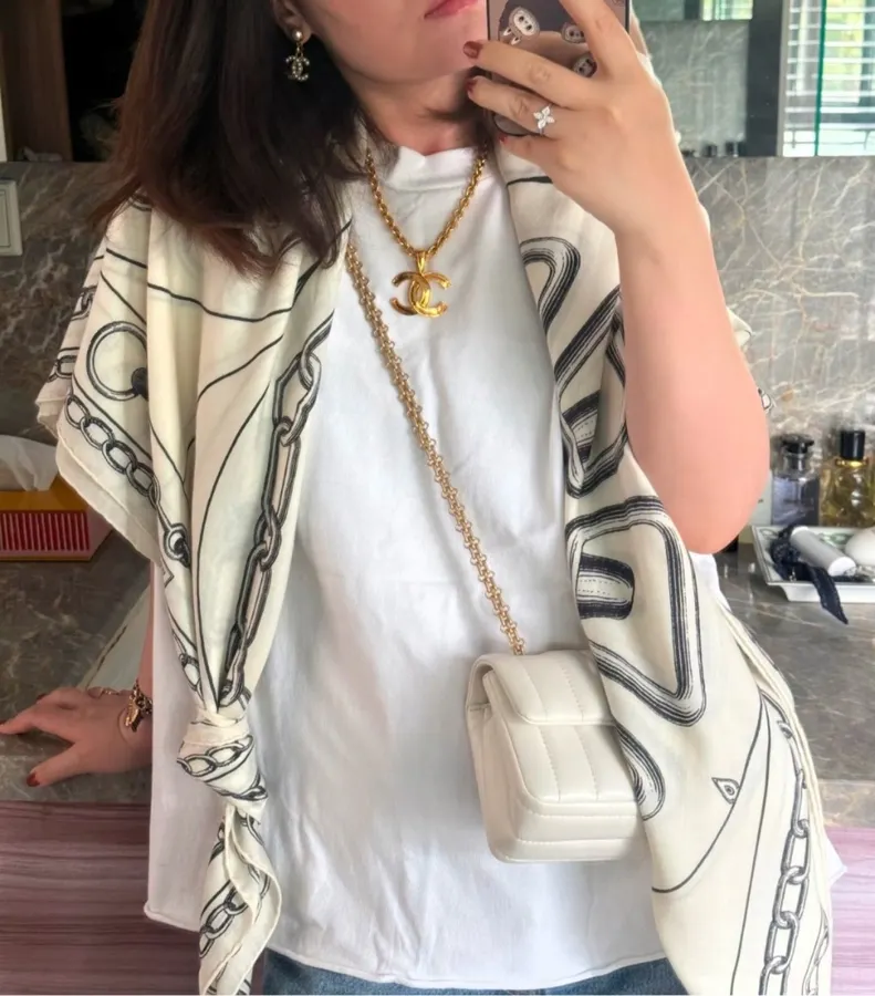 Ivory and Black Line-Print Large Square Scarf in Black and White, product view 07