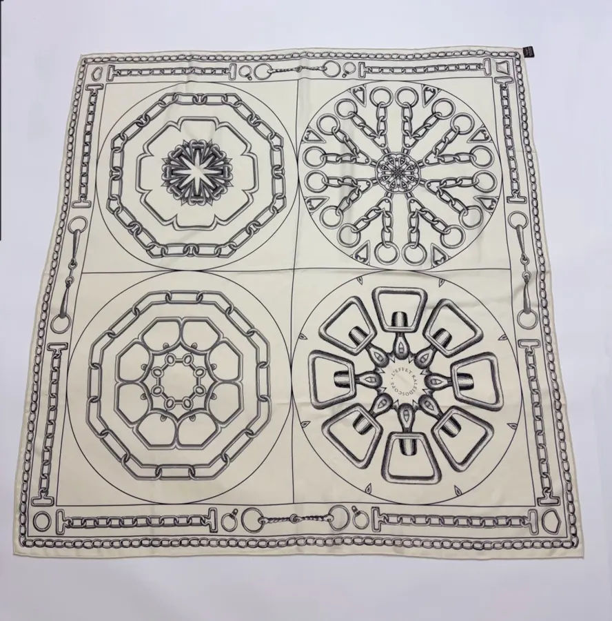 Ivory and Black Line-Print Large Square Scarf in Black and White, product view 08