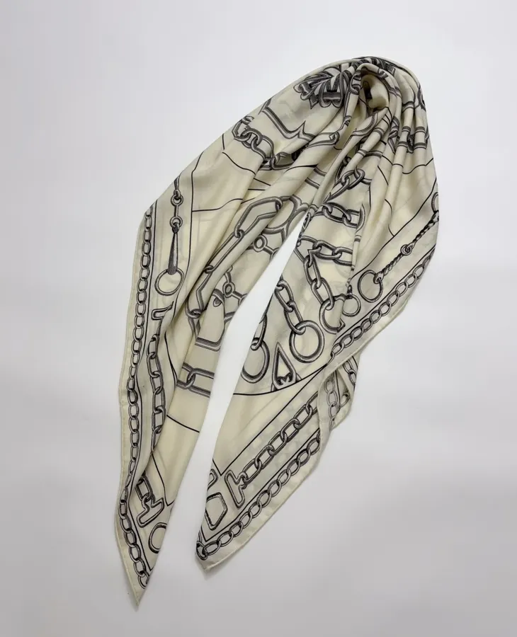 Ivory and Black Line-Print Large Square Scarf in Black and White, product view 10