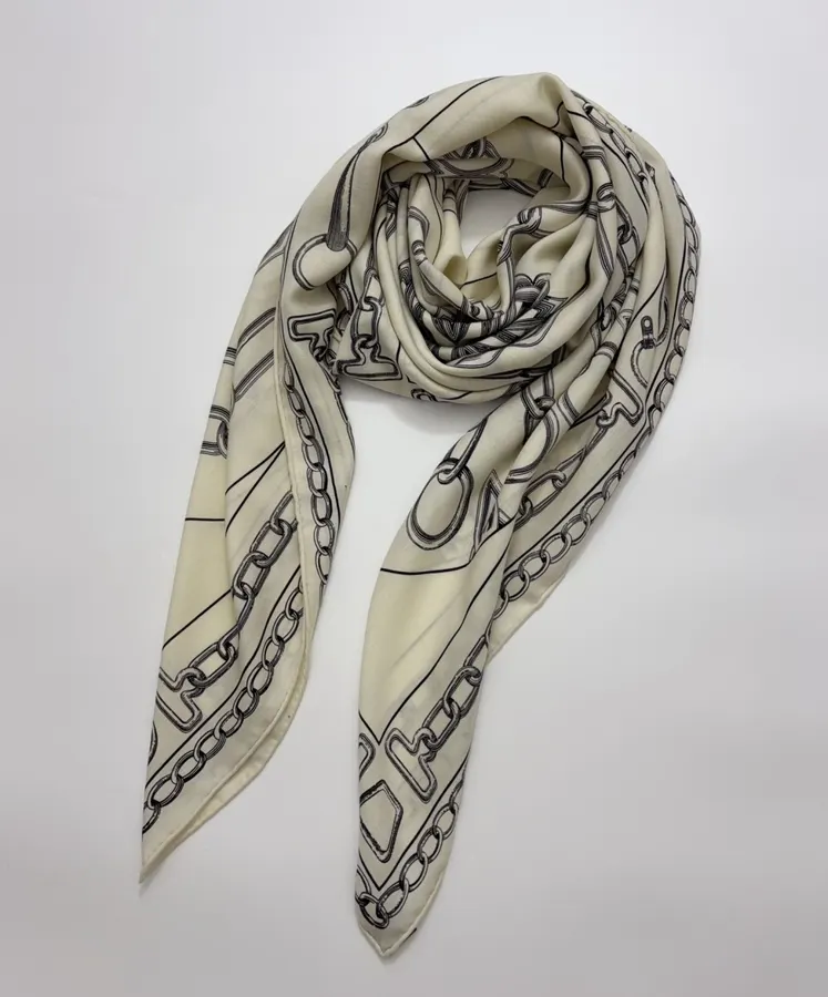 Ivory and Black Line-Print Large Square Scarf in Black and White, product view 15