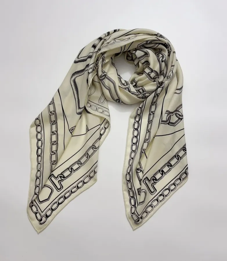 Ivory and Black Line-Print Large Square Scarf in Black and White, product view 16