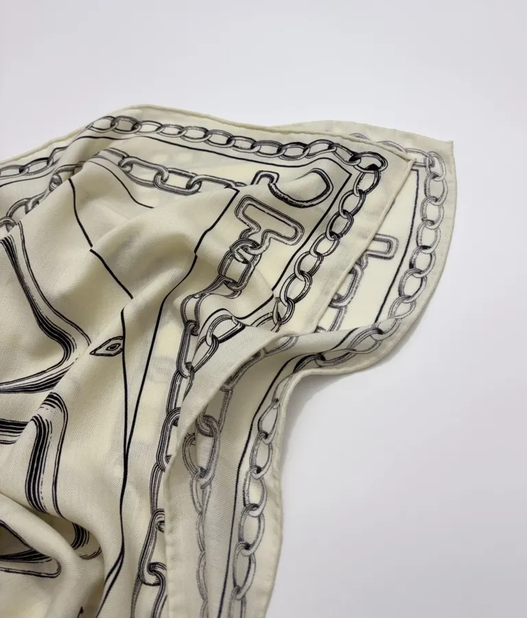 Ivory and Black Line-Print Large Square Scarf in Black and White, product view 17