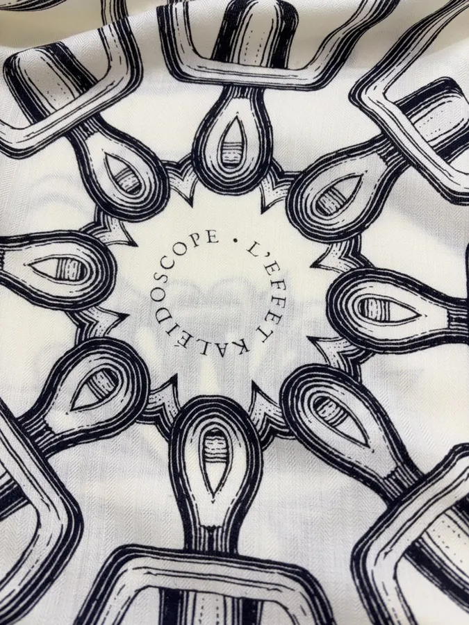 Ivory and Black Line-Print Large Square Scarf in Black and White, product view 19