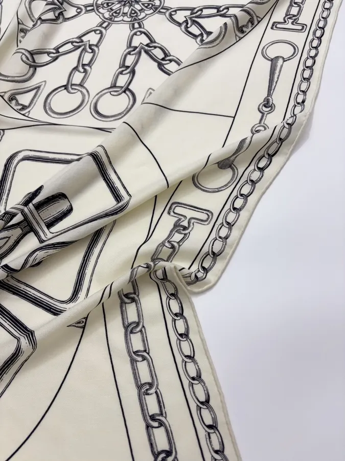 Ivory and Black Line-Print Large Square Scarf in Black and White, product view 20