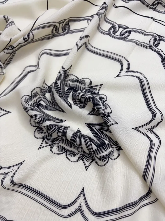 Ivory and Black Line-Print Large Square Scarf in Black and White, product view 22