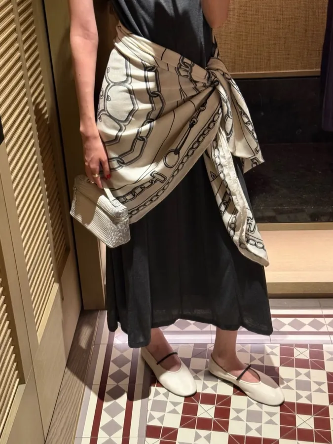 Ivory and Black Line-Print Large Square Scarf in Black and White, product view 28