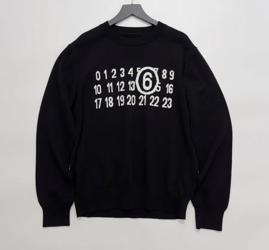 Letter Crew Neck Long-Sleeve Knitted Pullover Sweater in Black, product view 01