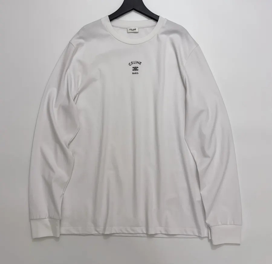 Embroidered Minimalist Crew Neck Long-Sleeve T-Shirt Top in Off-White, product view 01