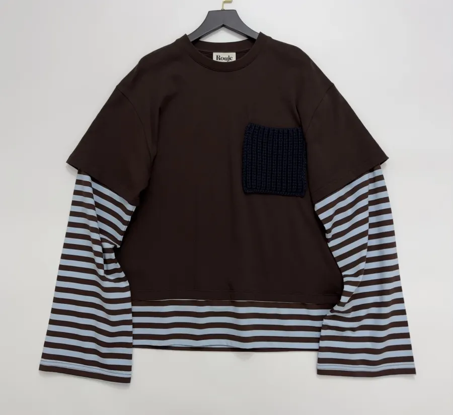 Brown Layered-Look Striped Long-Sleeve Top in Brown and Blue, product view 01