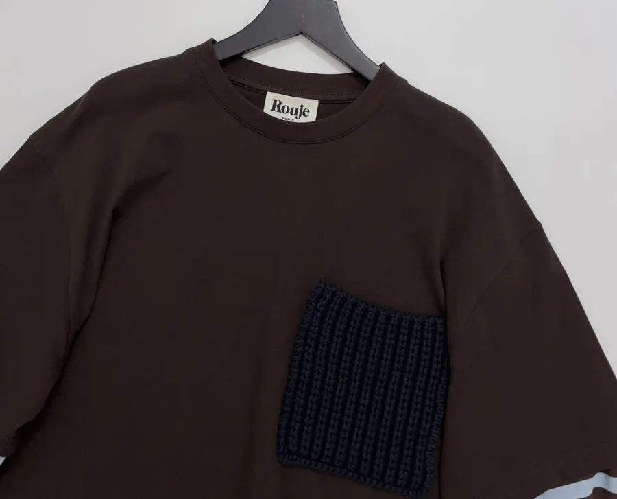 Brown Layered-Look Striped Long-Sleeve Top in Brown and Blue, product view 02