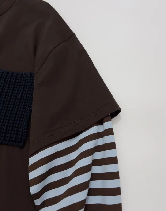 Brown Layered-Look Striped Long-Sleeve Top in Brown and Blue, product view 04