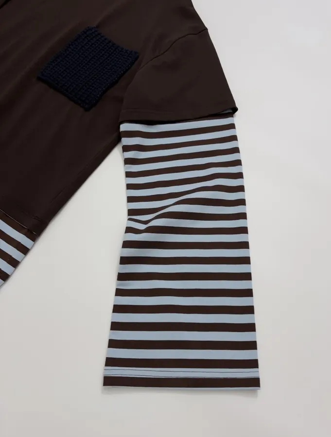Brown Layered-Look Striped Long-Sleeve Top in Brown and Blue, product view 05