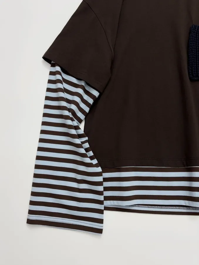 Brown Layered-Look Striped Long-Sleeve Top in Brown and Blue, product view 09