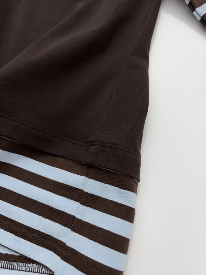 Brown Layered-Look Striped Long-Sleeve Top in Brown and Blue, product view 12