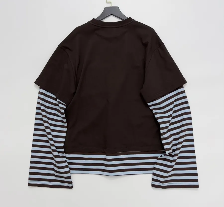 Brown Layered-Look Striped Long-Sleeve Top in Brown and Blue, product view 14