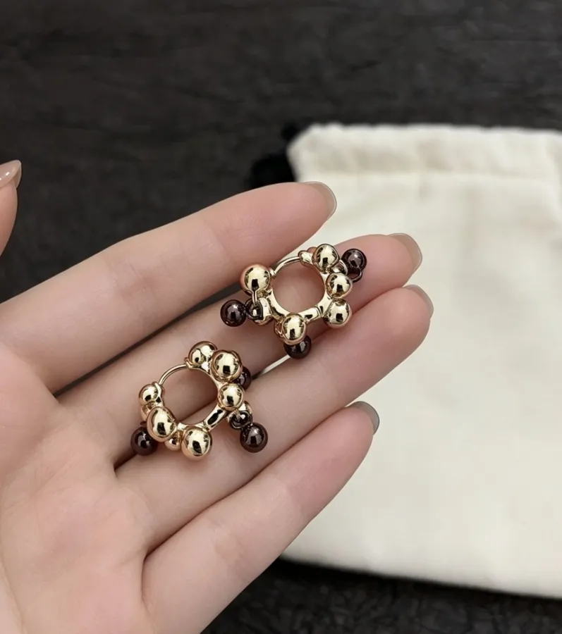 Retro Pendant Contrast Brass Ball Earrings in Gold and Burgundy, product view