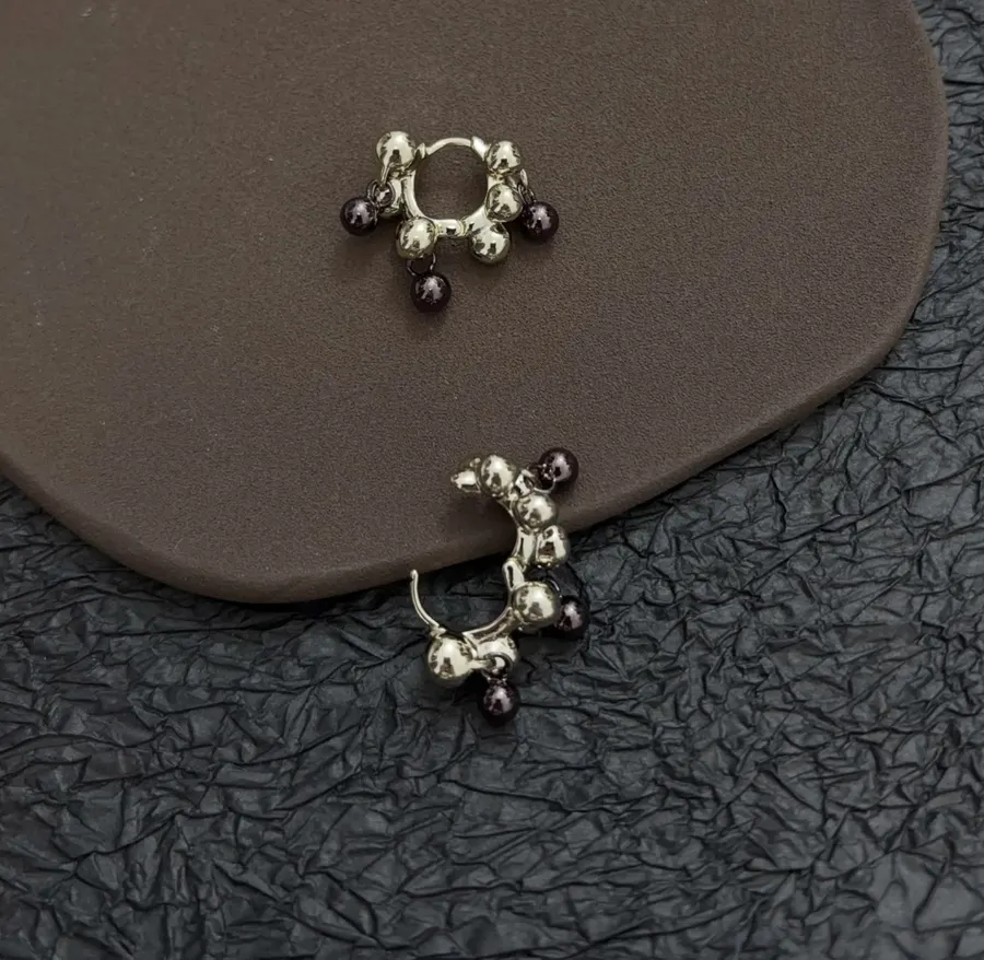 Retro Pendant Contrast Brass Ball Earrings in Gold and Burgundy, product view 03