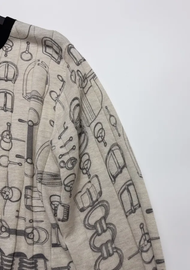 Printed Crew-Neck Long-Sleeve Knitted Cardigan in Beige and Black, product view 04