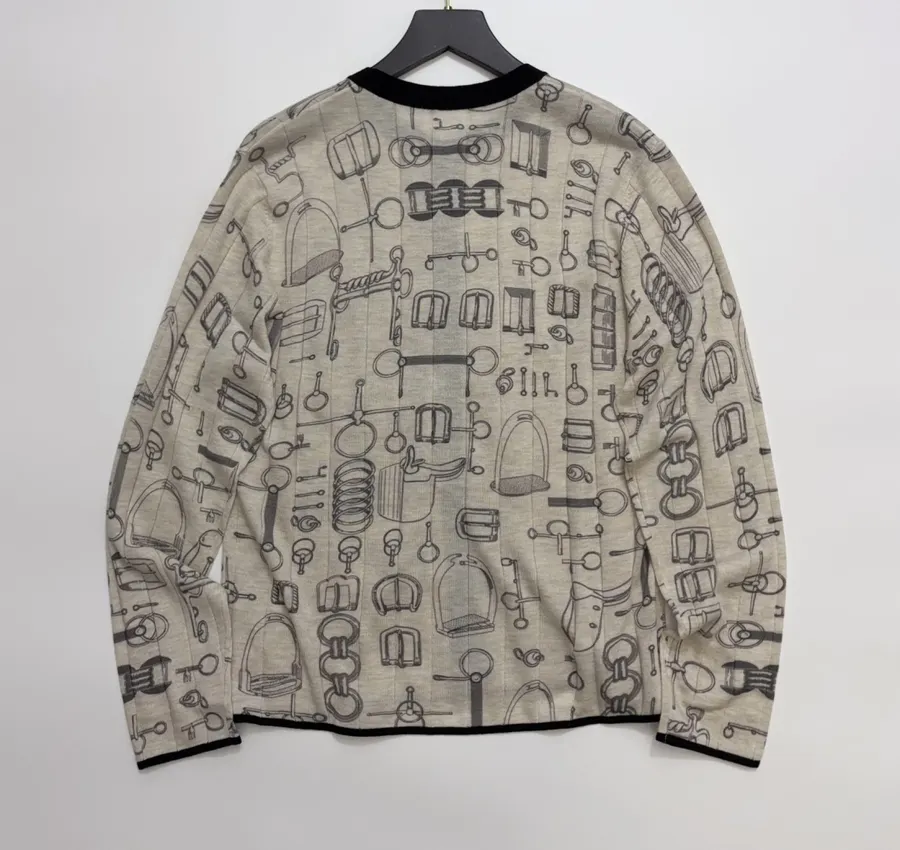Printed Crew-Neck Long-Sleeve Knitted Cardigan in Beige and Black, product view 11