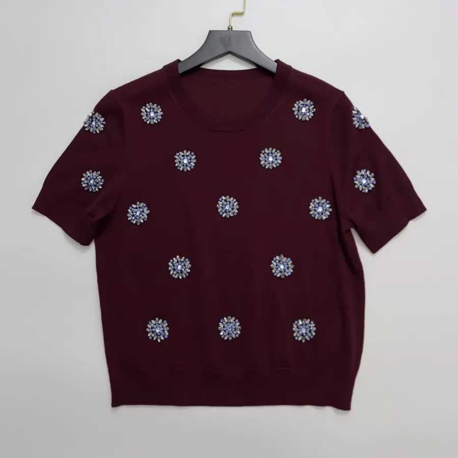 Crystal-Embellished Embroidered Pullover Sweater in Burgundy, product view 01
