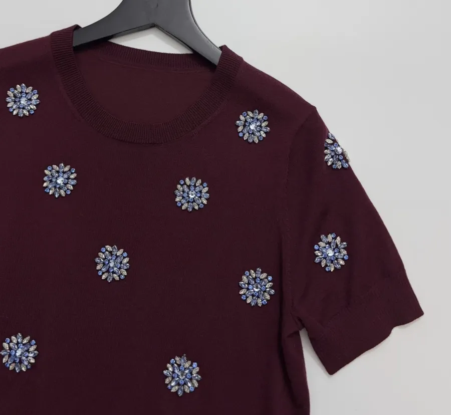 Crystal-Embellished Embroidered Pullover Sweater in Burgundy, product view 02