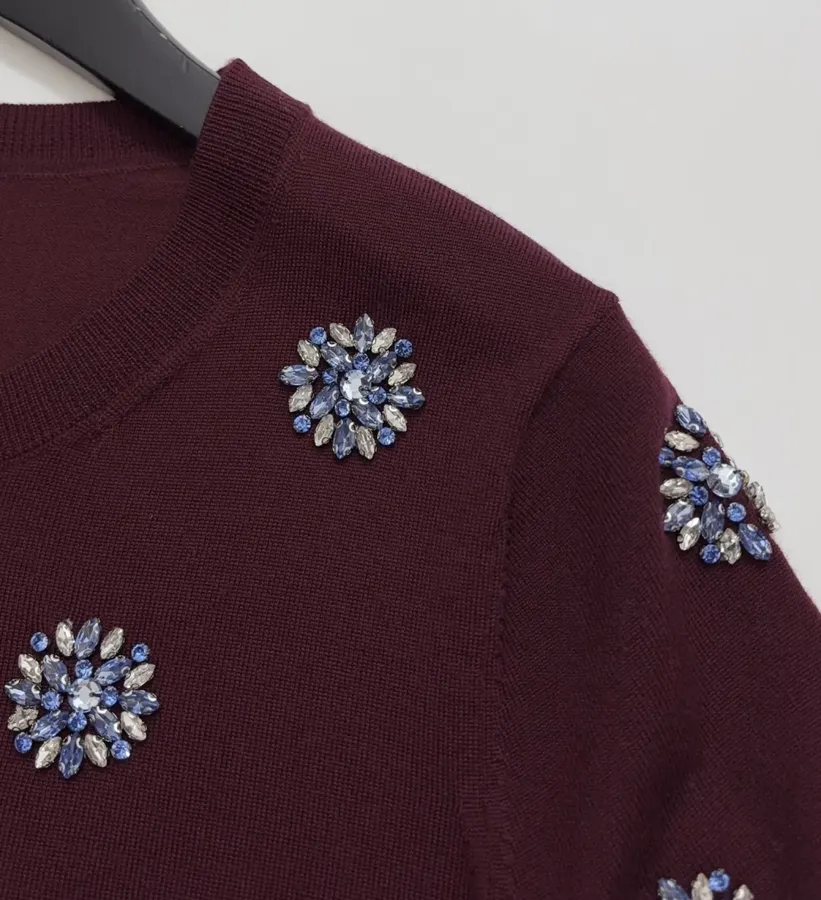 Crystal-Embellished Embroidered Pullover Sweater in Burgundy, product view 03