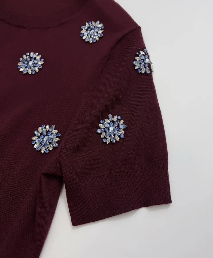 Crystal-Embellished Embroidered Pullover Sweater in Burgundy, product view 04