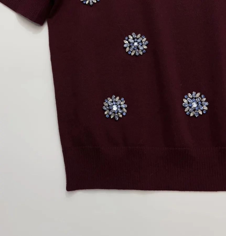Crystal-Embellished Embroidered Pullover Sweater in Burgundy, product view 08