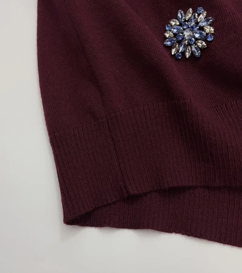 Crystal-Embellished Embroidered Pullover Sweater in Burgundy, product view 09