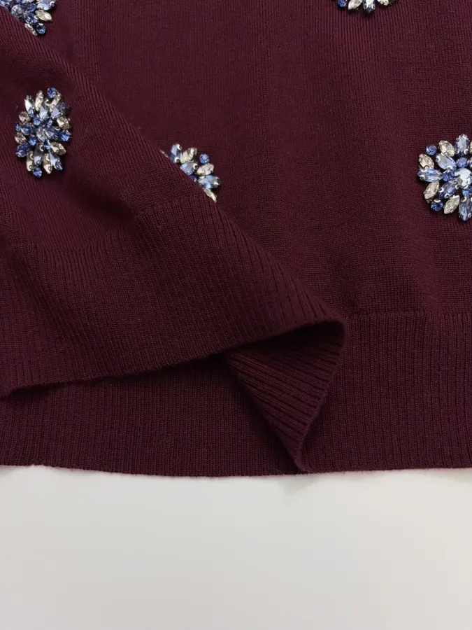 Crystal-Embellished Embroidered Pullover Sweater in Burgundy, product view 10