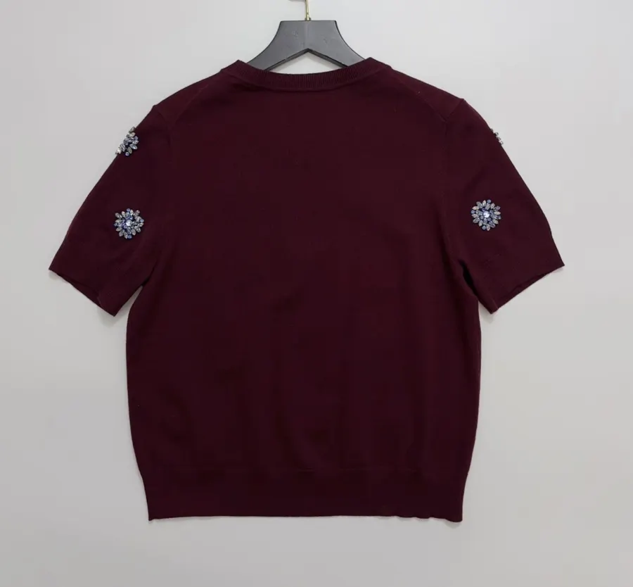 Crystal-Embellished Embroidered Pullover Sweater in Burgundy, product view 12
