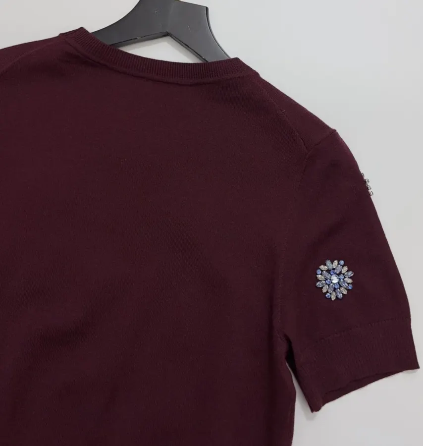 Crystal-Embellished Embroidered Pullover Sweater in Burgundy, product view 13