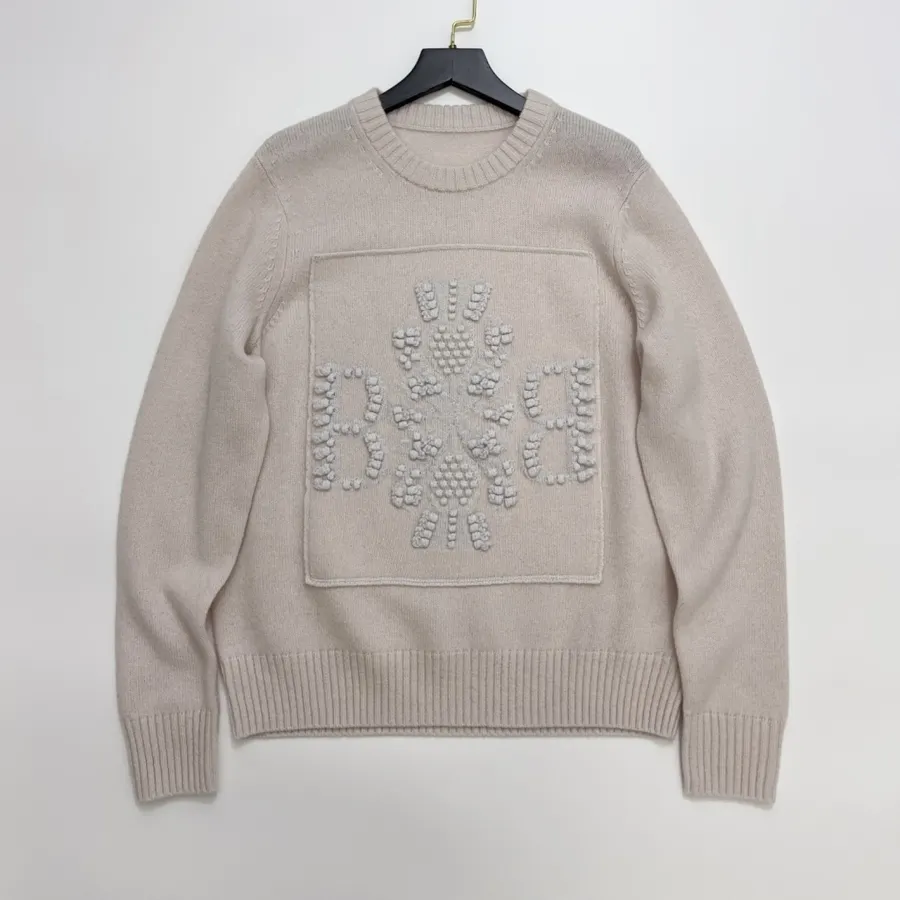 Colorblock Letter Crew-Neck Pullover Knitted Sweater in Taupe, product view 01