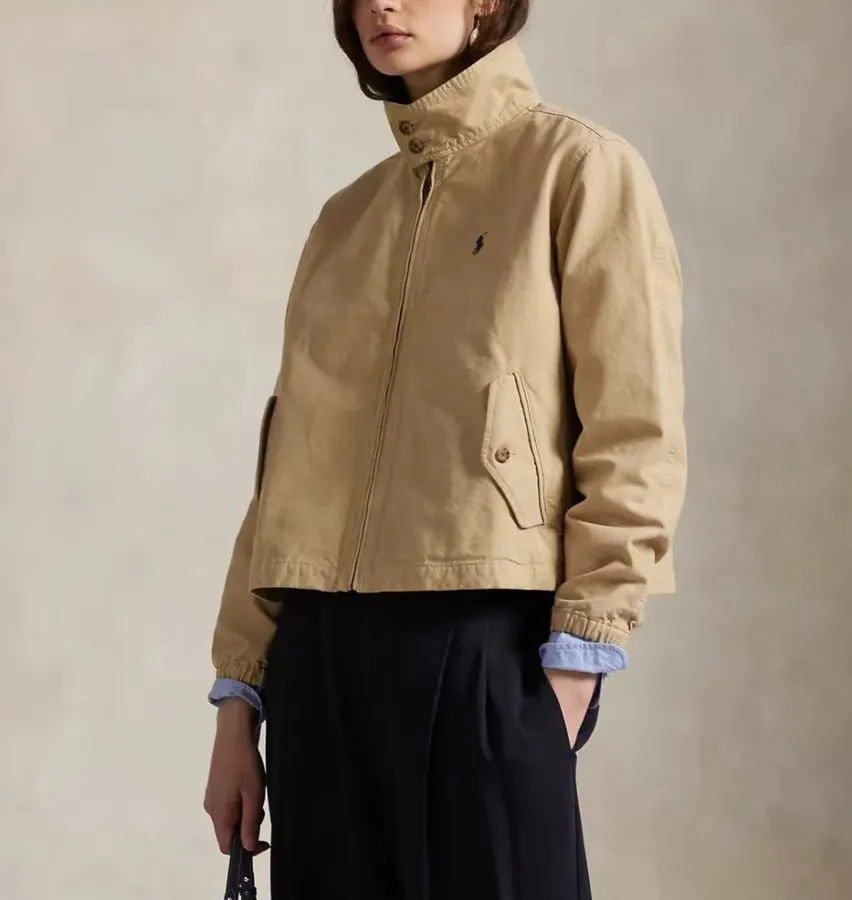 Coat, Unisex Style Jacket with Stand Collar, Short Length Top in Camel, product view 01