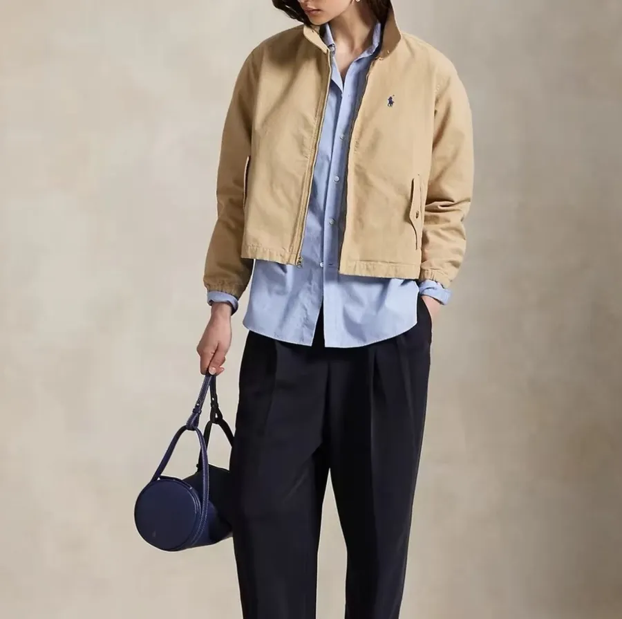 Coat, Unisex Style Jacket with Stand Collar, Short Length Top in Camel, product view 02